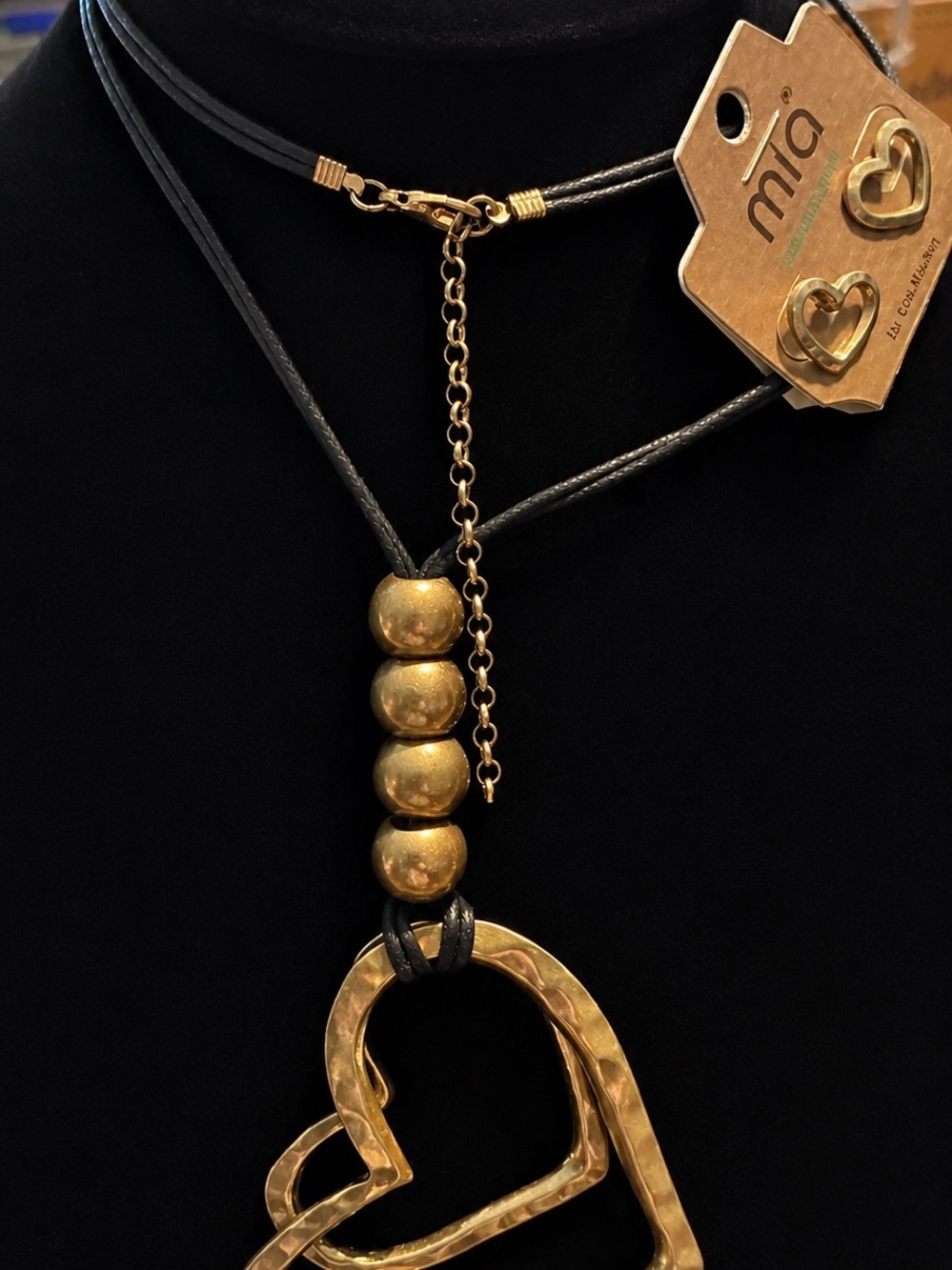 MIA Gold Heart Pendant Necklace with Black Cord and Bead Accents